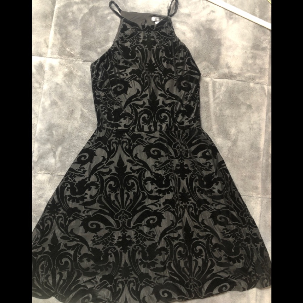 Aqua black flocking keyhole back fit & flare dress
